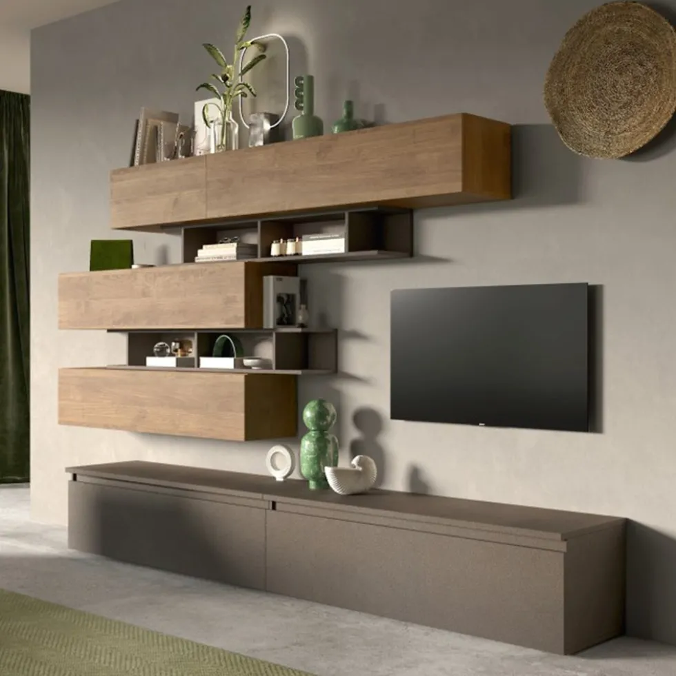 Parete attrezzata moderna 276x190 cm bronzo e noce PAL34