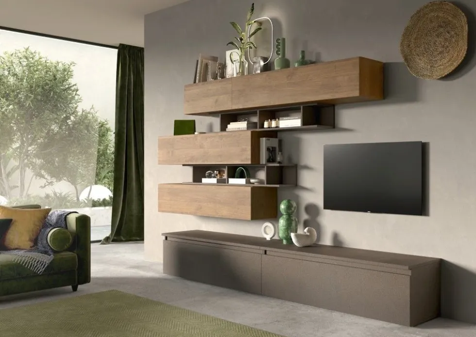 Parete attrezzata moderna 276x190 cm bronzo e noce PAL34