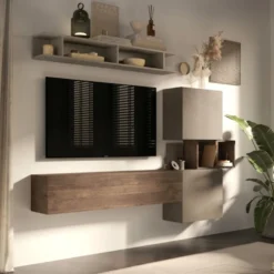 Parete attrezzata moderna 215x190 cm argilla e noce PAL12