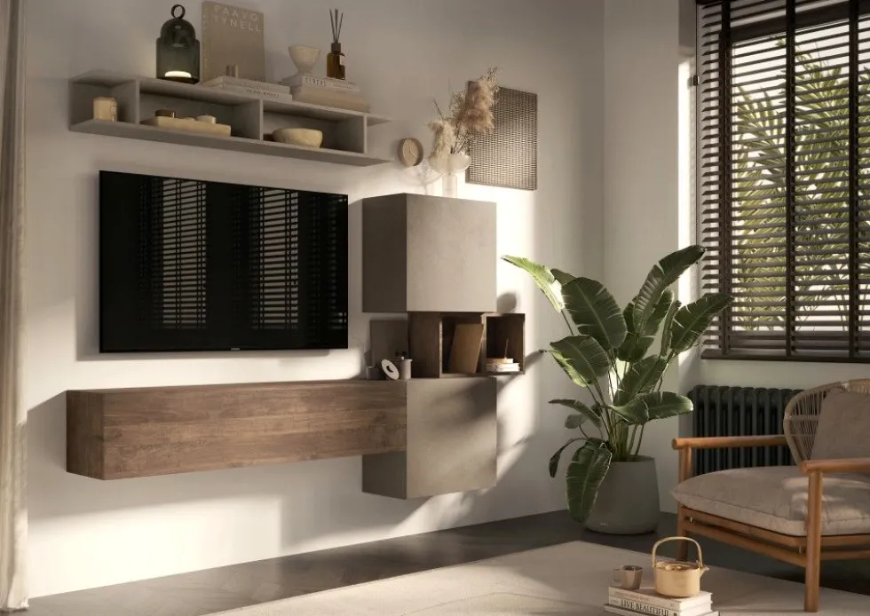Parete attrezzata moderna 215x190 cm argilla e noce PAL12