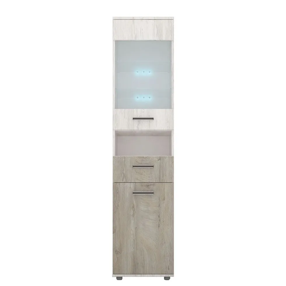 Parete attrezzata modulare con vetrinetta e luce led rovere scuro e rovere bianco SG27