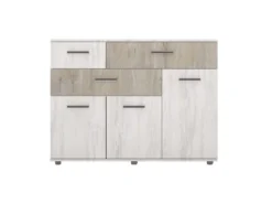 Parete attrezzata modulare con vetrinetta e luce led rovere scuro e rovere bianco SG27