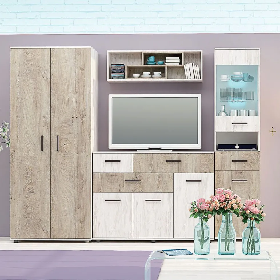 Parete attrezzata modulare con vetrinetta e luce led rovere scuro e rovere bianco SG27
