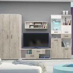 Parete attrezzata modulare con vetrinetta e mensola in rovere e rovere scuro e rovere bianco SG31