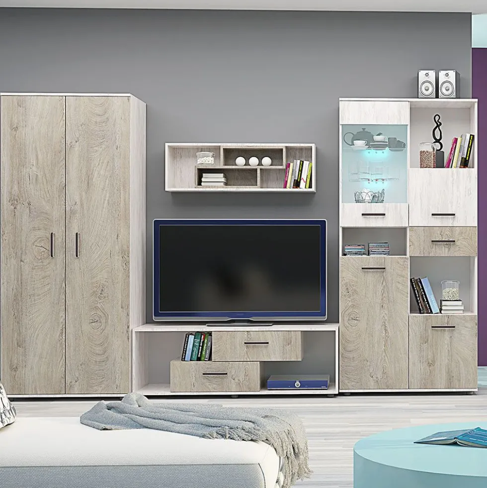 Parete attrezzata modulare con vetrinetta e mensola in rovere e rovere scuro e rovere bianco SG31