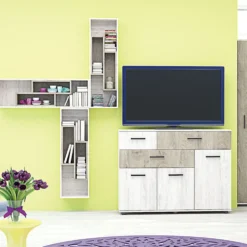Parete attrezzata modulare con 4 mensole in rovere scuro e rovere bianco SG29