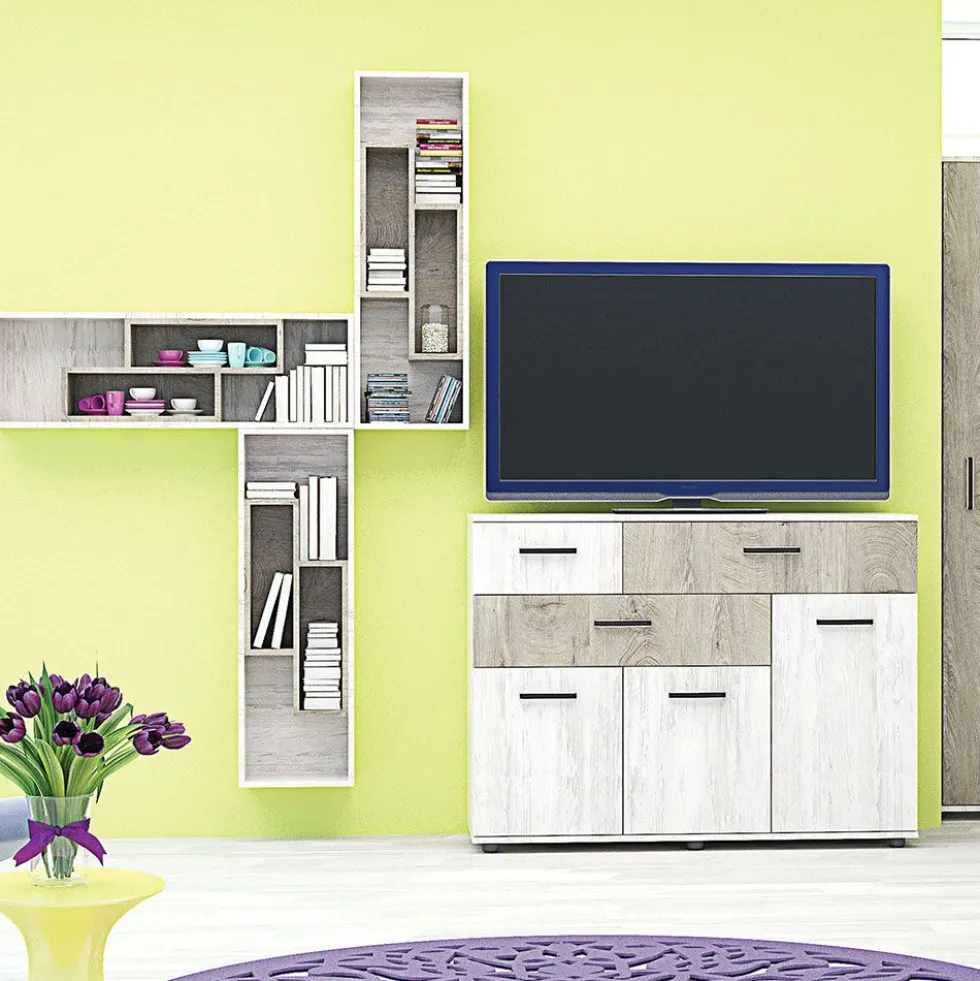 Parete attrezzata modulare con 4 mensole in rovere scuro e rovere bianco SG29