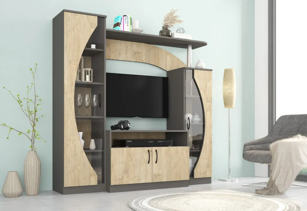 Parete attrezzata per soggiorno 160x160 cm rovere naturale e antracite SG9