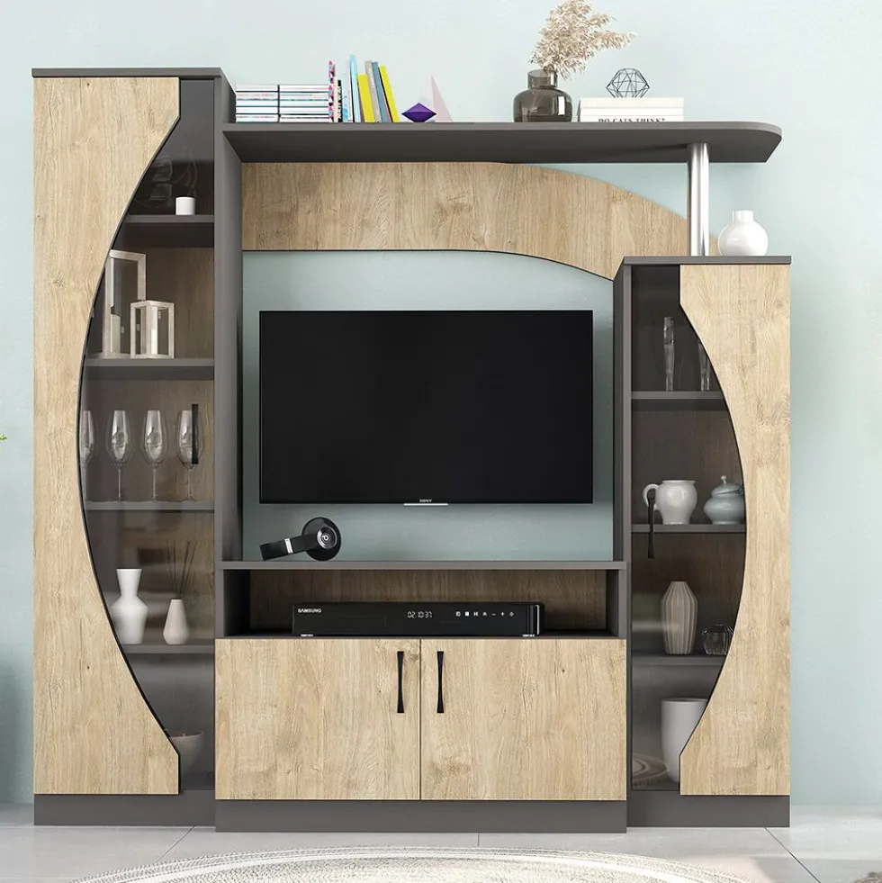 Parete attrezzata per soggiorno 160x160 cm rovere naturale e antracite SG9