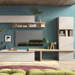 Parete attrezzata per soggiorno 310x175 cm rovere e beige PAL79
