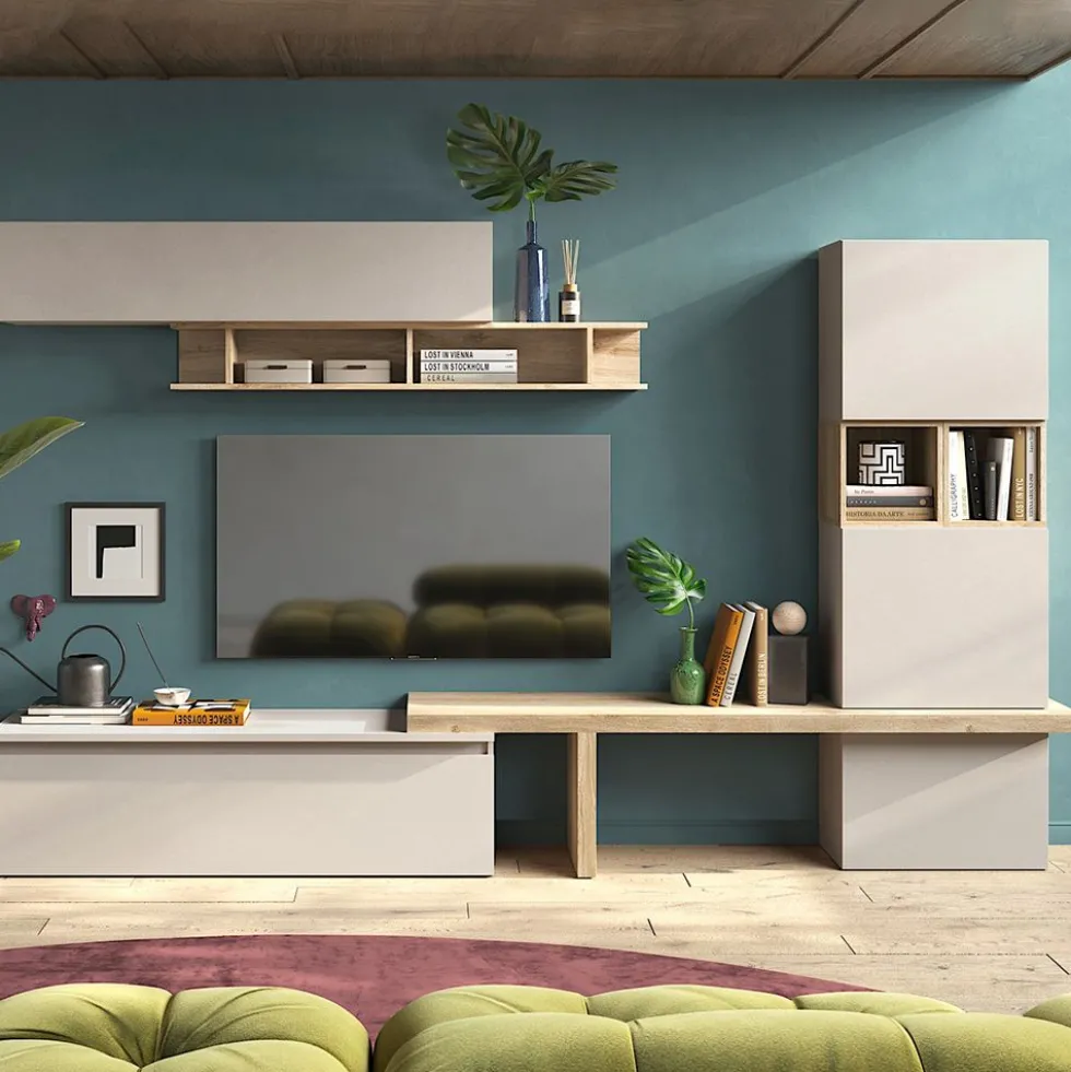 Parete attrezzata per soggiorno 310x175 cm rovere e beige PAL79
