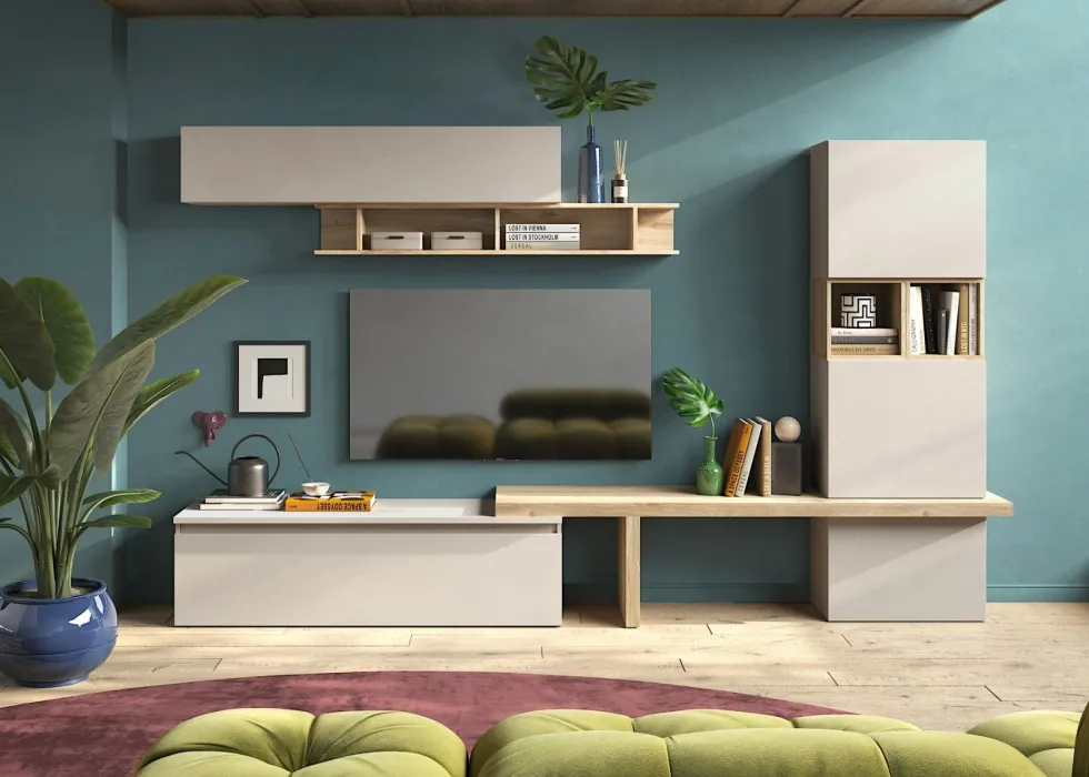 Parete attrezzata per soggiorno 310x175 cm rovere e beige PAL79