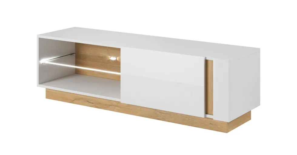 Parete attrezzata soggiorno moderna con luci LED 270x193 bianca con dettagli rovere PALK4