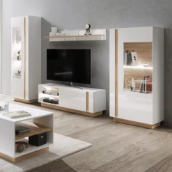 Parete attrezzata soggiorno moderna con luci LED 270x193 bianca con dettagli rovere PALK4