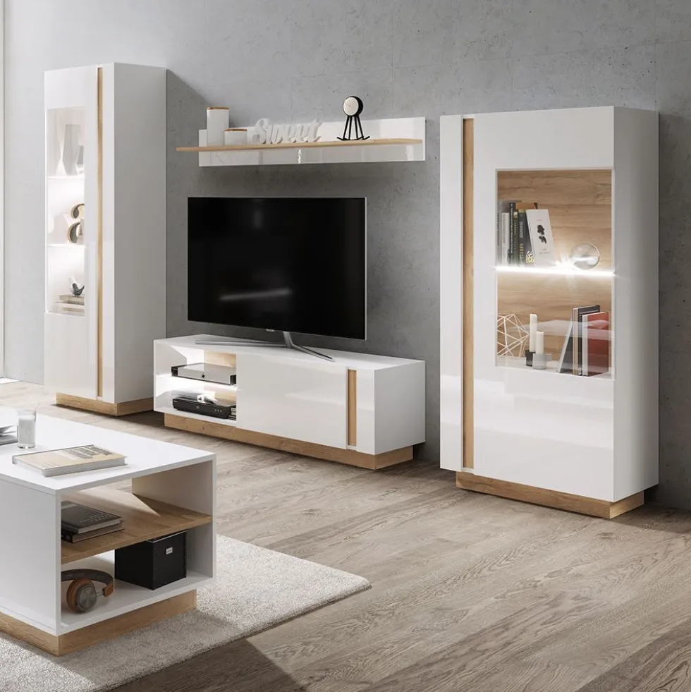 Parete attrezzata soggiorno moderna con luci LED 270x193 bianca con dettagli rovere PALK4