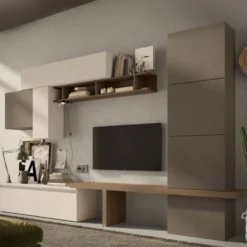 Parete attrezzata soggiorno 295x195 cm bronzo, beige e noce PAL57