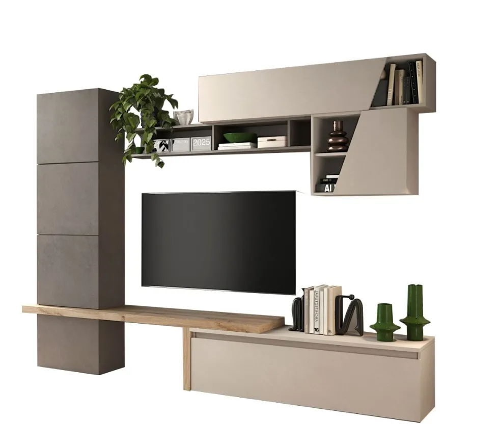 Parete attrezzata soggiorno 280x202 cm bronzo, rovere e beige PAL63