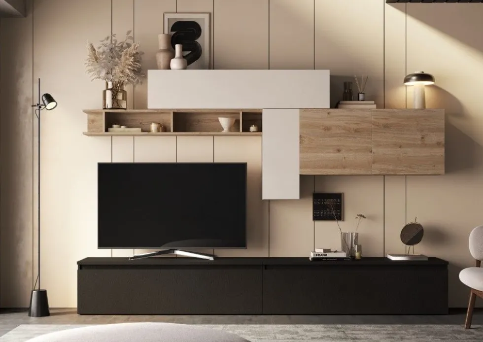 Parete attrezzata soggiorno 276x195 cm rovere, beige, grafite PAL60