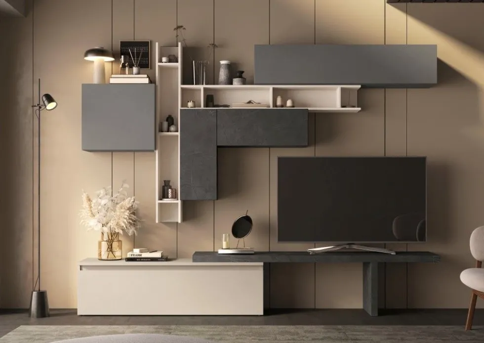 Parete attrezzata soggiorno 280x210 cm grigio, beige e piombo PAL53
