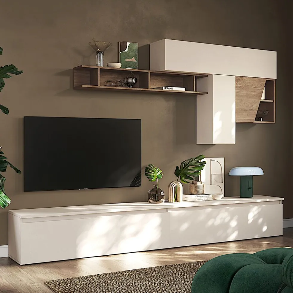 Parete attrezzata soggiorno 276x210 cm beige e noce PAL70