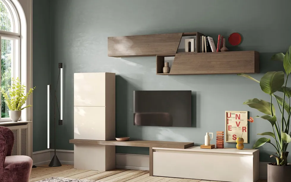 Parete attrezzata soggiorno 280x202 cm beige e noce PAL65