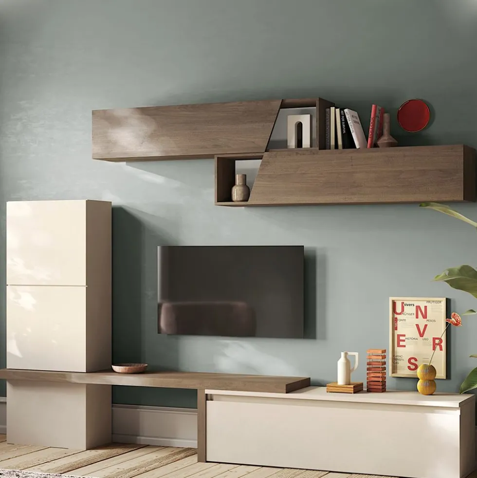 Parete attrezzata soggiorno 280x202 cm beige e noce PAL65