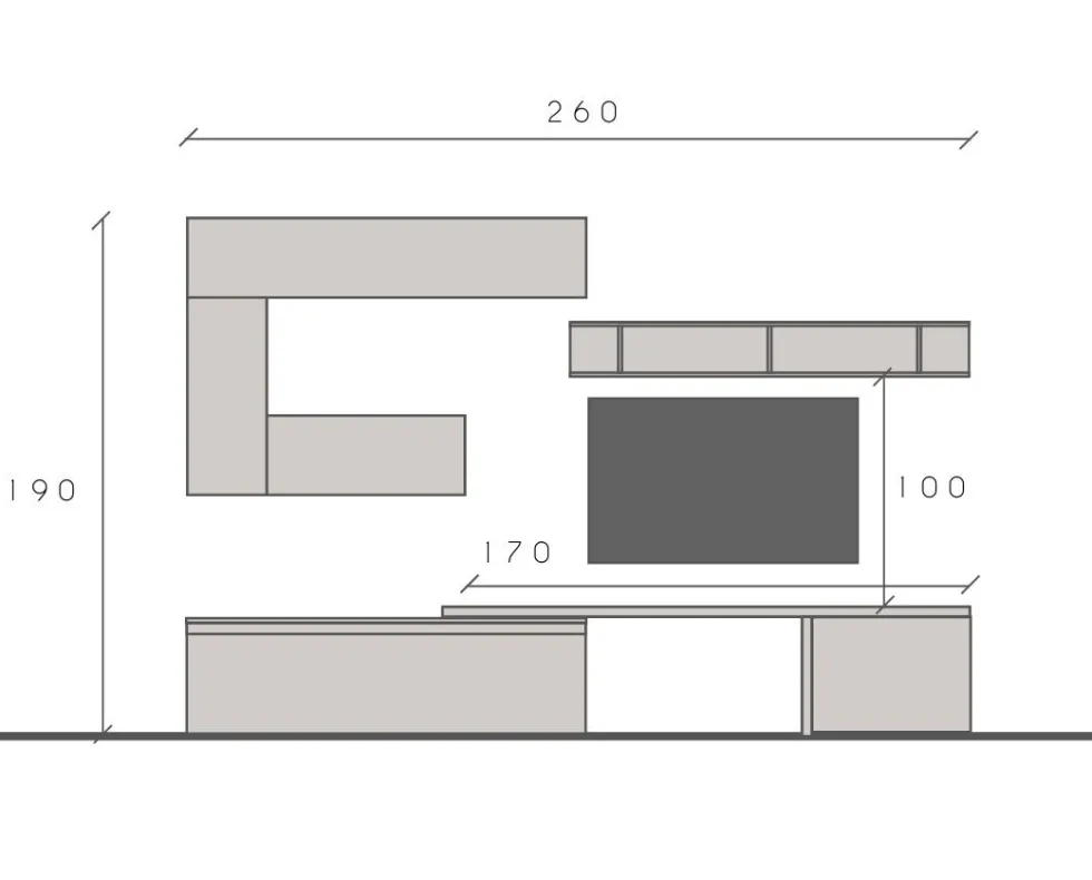 Parete attrezzata soggiorno 260x190 cm piombo, argilla e grigio PAL47