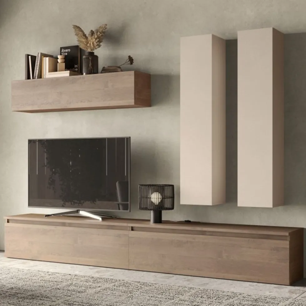 Parete attrezzata soggiorno 276x205 cm beige e noce PAL54