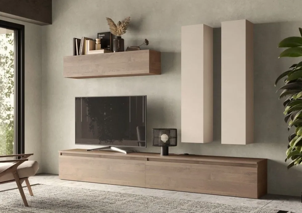 Parete attrezzata soggiorno 276x205 cm beige e noce PAL54
