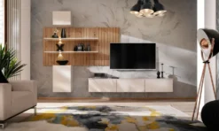 Parete attrezzata sospesa moderna beige e rovere 280x180 PAP151