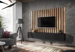 Parete attrezzata sospesa moderna 180x148 cm per soggiorno nero e rovere PAP154