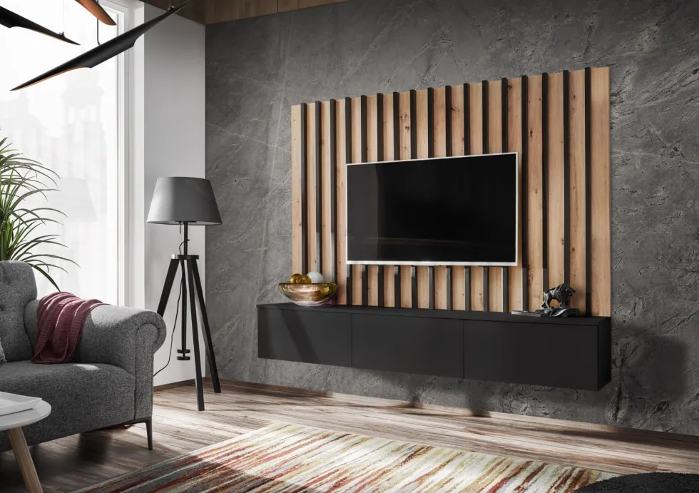 Parete attrezzata sospesa moderna 180x148 cm per soggiorno nero e rovere PAP154