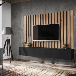 Parete attrezzata sospesa moderna 180x148 cm per soggiorno nero e rovere PAP154