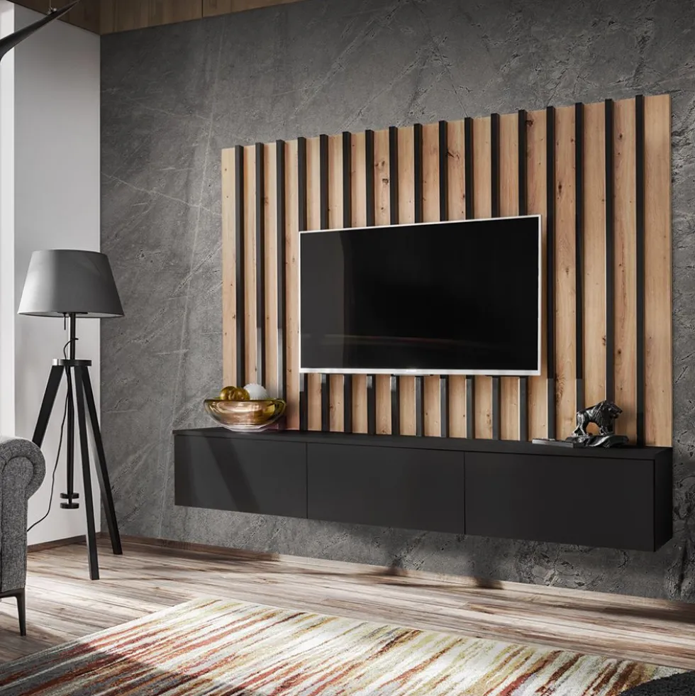 Parete attrezzata sospesa moderna 180x148 cm per soggiorno nero e rovere PAP154