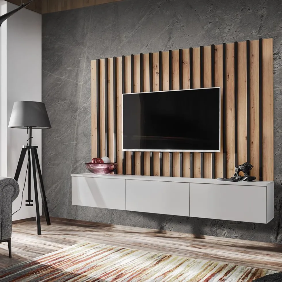 Parete attrezzata sospesa moderna 180x148 cm per soggiorno grigio e rovere PAP154