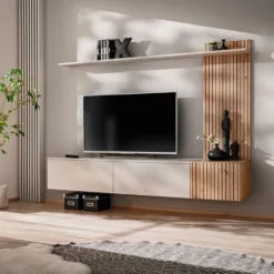 Parete attrezzata sospesa moderna cashmere e rovere 180x130 PAP152
