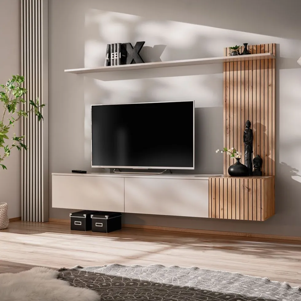 Parete attrezzata sospesa moderna cashmere e rovere 180x130 PAP152