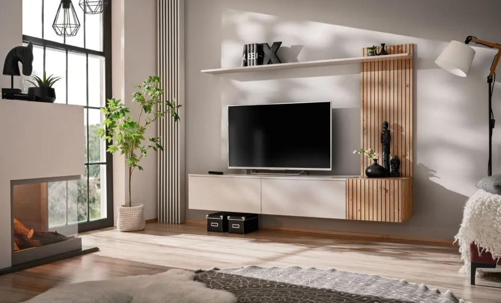 Parete attrezzata sospesa moderna cashmere e rovere 180x130 PAP152