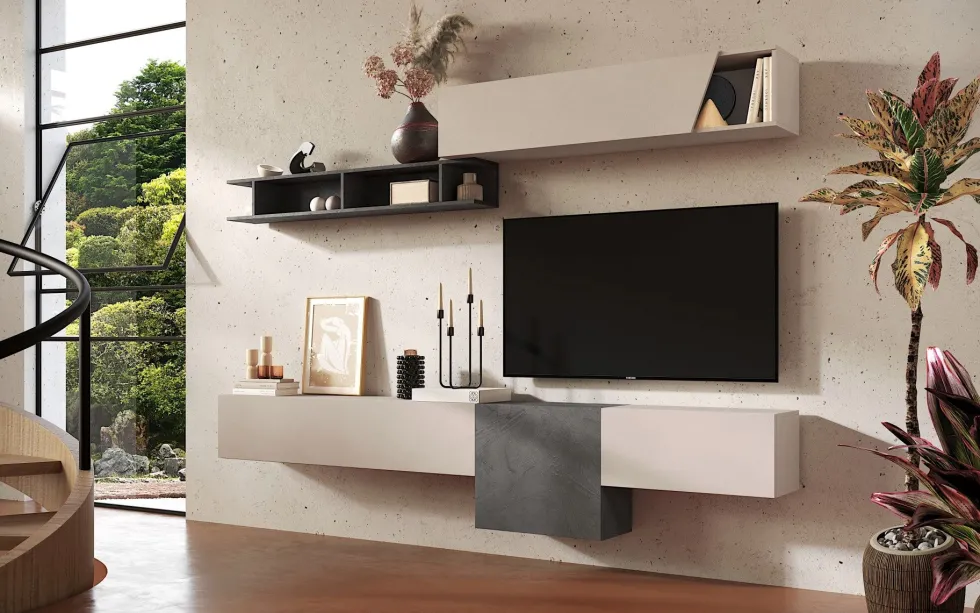 Parete attrezzata sospesa 262x202 cm beige e piombo PAL68
