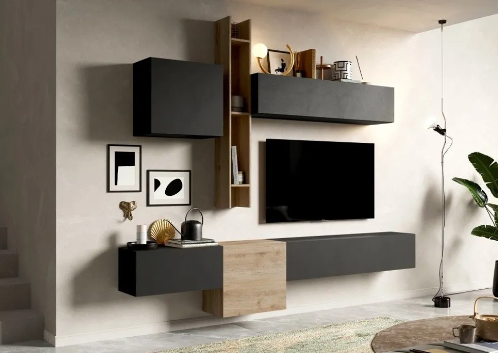 Parete attrezzata sospesa 262x220 cm rovere e grafite PAL20
