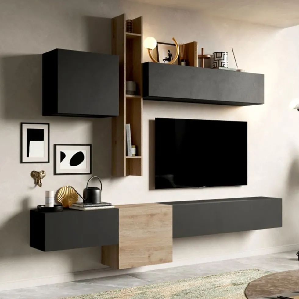 Parete attrezzata sospesa 262x220 cm rovere e grafite PAL20