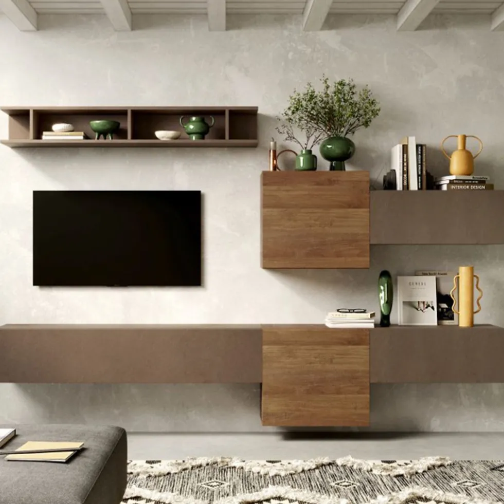 Parete attrezzata sospesa 262x185 cm bronzo e noce PAL30