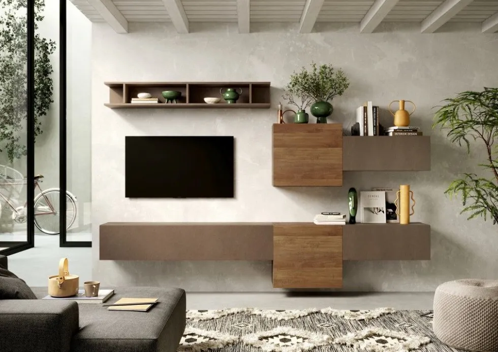 Parete attrezzata sospesa 262x185 cm bronzo e noce PAL30