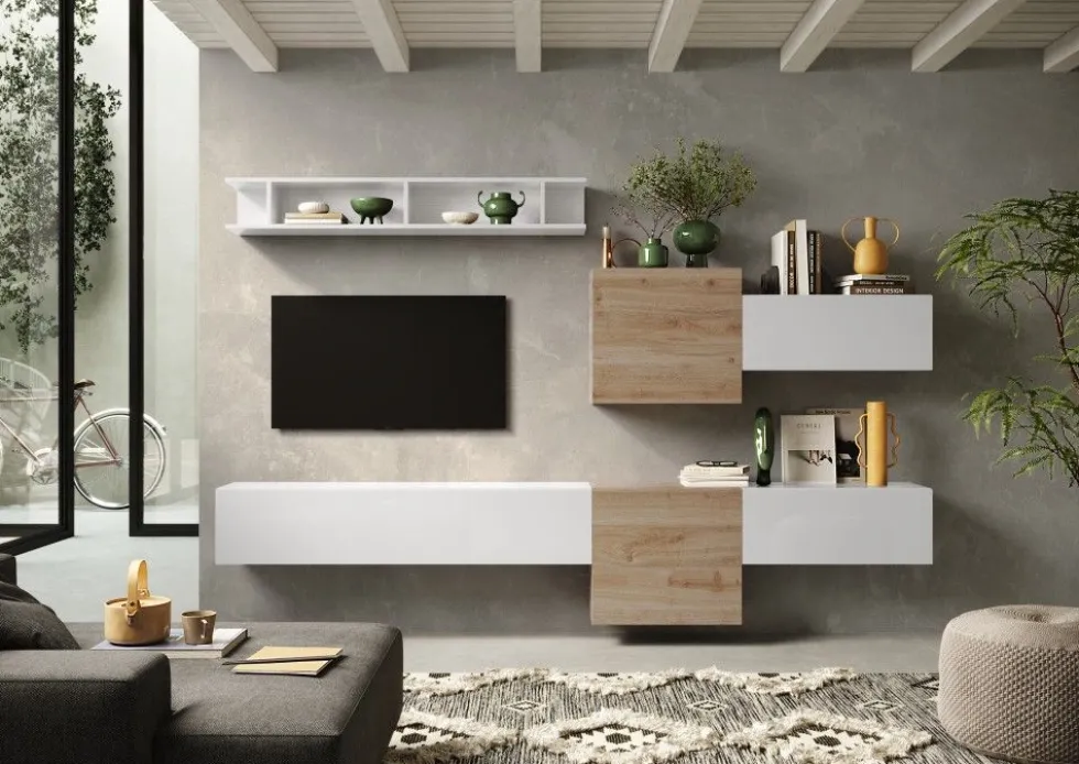 Parete attrezzata sospesa 262x185 cm bianco lucido e rovere PAL30
