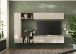 Parete attrezzata sospesa 223x195 cm beige e noce PAL76