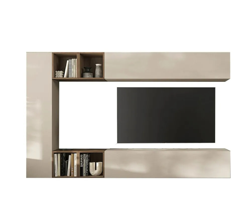 Parete attrezzata sospesa 223x195 cm beige e noce PAL76