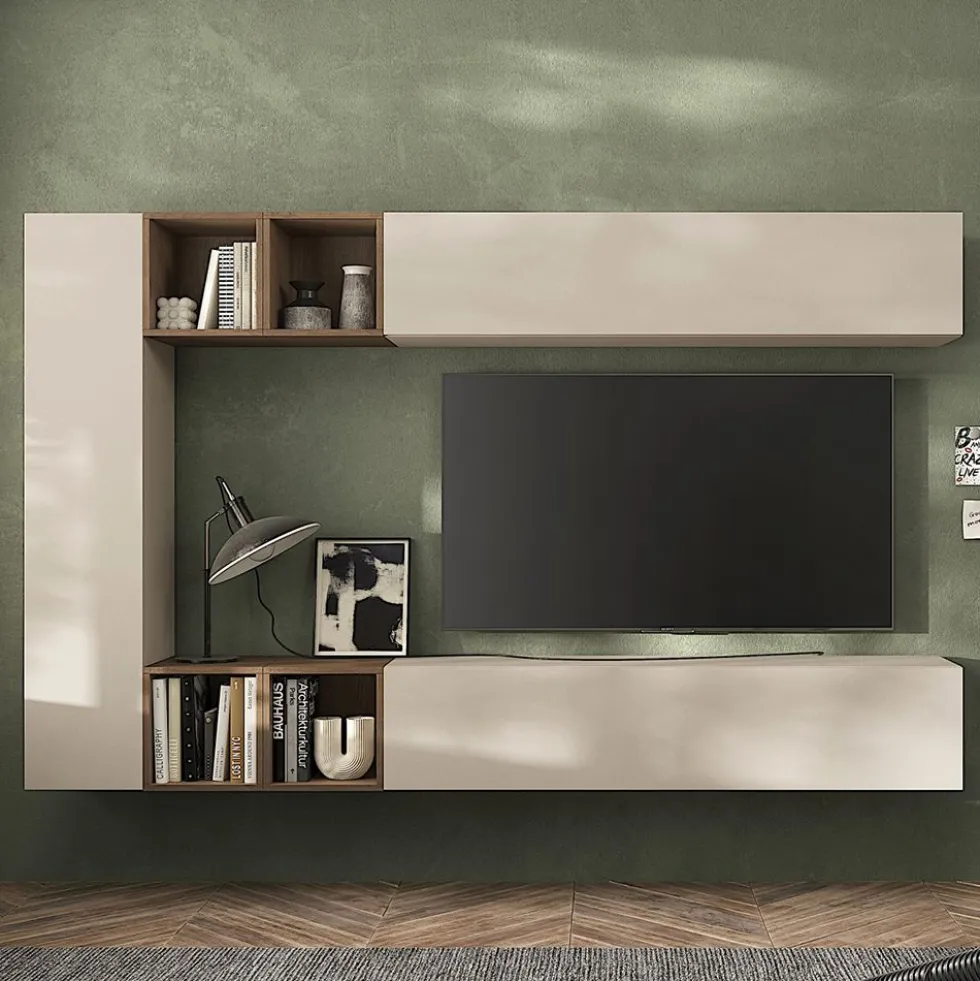 Parete attrezzata sospesa 223x195 cm beige e noce PAL76