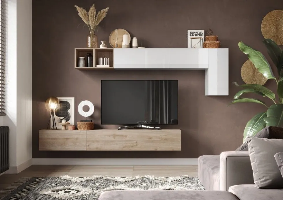 Parete attrezzata sospesa 276x180 cm bianco lucido e rovere PAL48