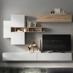 Parete attrezzata sospesa 276x210 cm bianco lucido e rovere PAL51