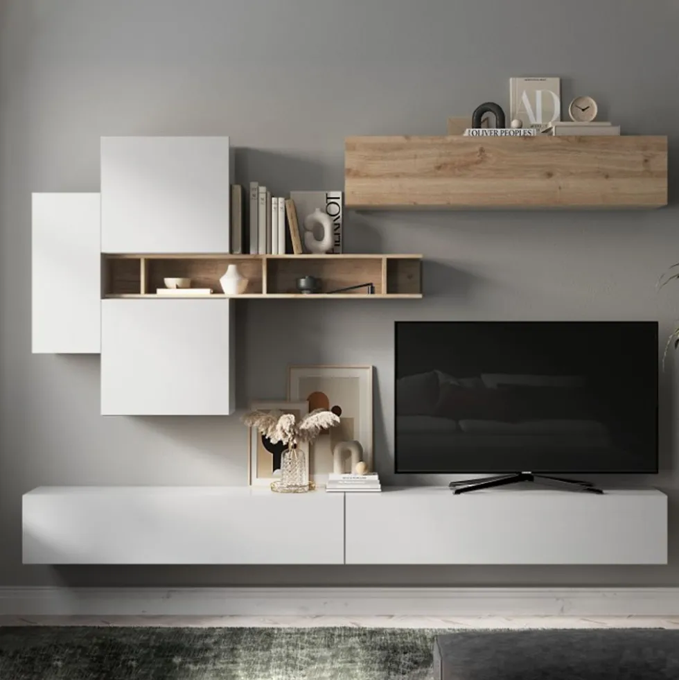 Parete attrezzata sospesa 276x210 cm bianco lucido e rovere PAL51